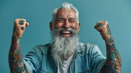 Wall Mural - A cheerful elderly hipster flaunts his muscular physique, tattooed arms, and beaming smile against a vibrant blue backdrop, embodying the concept of an active.illustration stock image