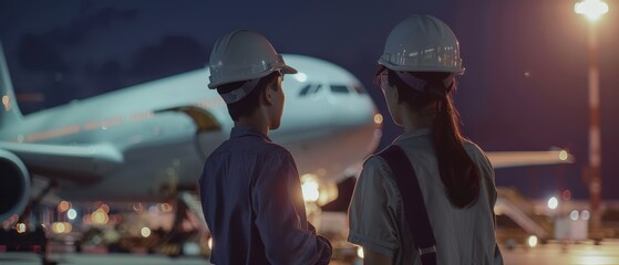 Wall Mural - Two engineers in hard hats looking at an airplane in a hangar. aircraft, maintenance, service