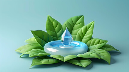 3D Flat Icon: Water Drop on Petal Reflecting Business Success   Natural Elements and Corporate Achievement in Cartoon Style