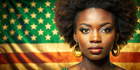 Black woman American soldier with flag background