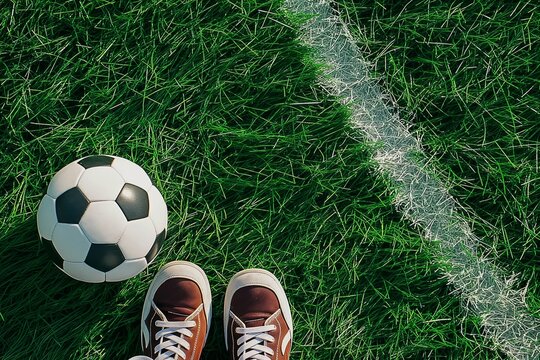 a soccer ball and a pair of sneakers on a grass field