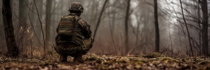 Wall Mural - Soldier in camouflage gear kneeling in a forested area, appearing contemplative and at rest in a solemn environment