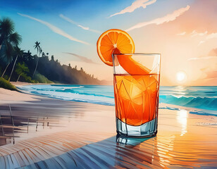 Wall Mural - A glass of chilled cocktail garnished with an orange slice and ice cubes stands on a tropical beach at sunset. copy space for your text or design