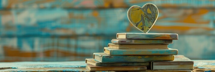 Wall Mural - Heart Reflection on Pile of Vintage Books