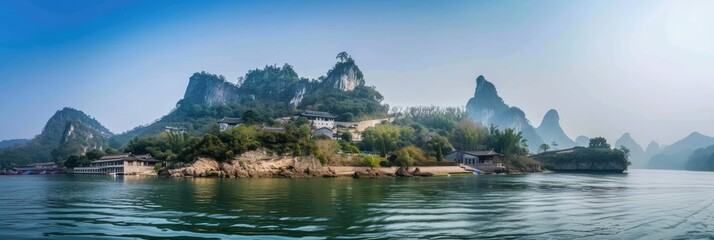 Poster - Serene River Landscape with Misty Mountains Panorama