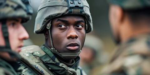 Wall Mural - Young soldier with a serious look focusing intently in a group setting