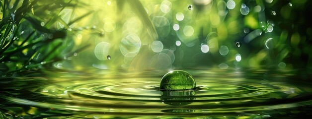 Wall Mural - Serene Water Drop in Lush Green Nature Scene