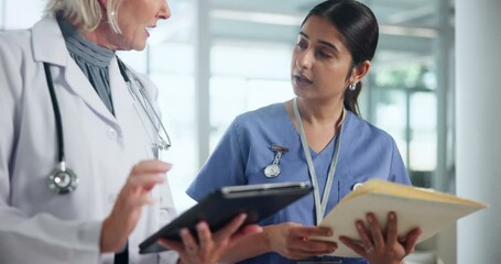 Poster - Insurance, medical or tablet with doctor and nurse in hospital for diagnosis, discussion or results. Documents, healthcare and technology with mature woman talking to medicine intern at clinic
