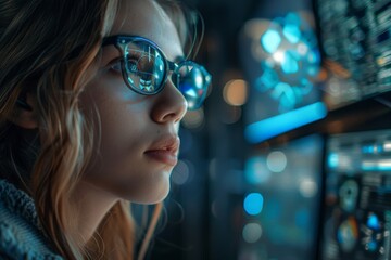 Poster - A woman wearing glasses is looking at a computer screen with a blue background. Concept of focus and concentration as the woman stares intently at the screen. The blue background adds a cool