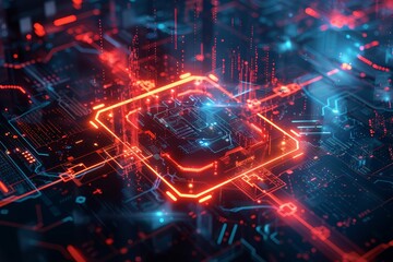 Fototapete - A computer chip with red and blue lights. A stylized depiction of virtual threats clashing against a cybersecurity shield around a network of computers,