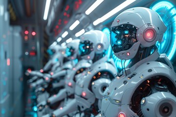 Poster - A group of robots are standing in a room with blue lights. The robots are all white and have blue helmets. Scene is futuristic and technological. team of AI-powered robots conducting maintenance