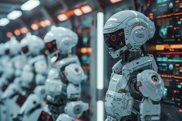 Poster - Group of robots are standing in room with futuristic look. robots are all white and have robotic appearance. room is filled with screens and monitors. team of AI-powered robots conducting maintenance