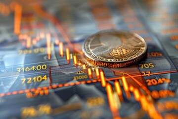 Wall Mural - A coin is on top of a graph with a downward trend. The coin is surrounded by numbers and lines, indicating a financial situation. dramatic shot of a solitary coin on a screen displaying