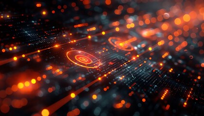 Abstract futuristic digital technology background with glowing lights and circular patterns.
