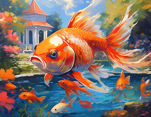 Wall Mural - fantasy painting of a big goldfish at mid air on the lake