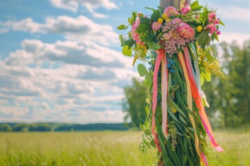 Experience the enchantment of Midsummer as you gaze upon a beautifully adorned maypole standing tall amidst lush greenery and colorful ribbons in Sweden.