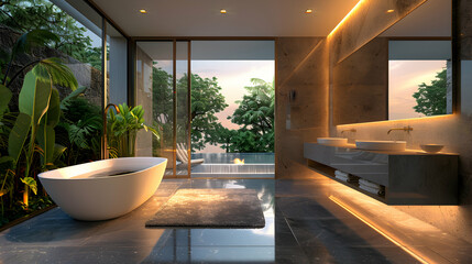 Wall Mural - Photo realistic as Modern bathroom with luxurious features concept showcasing high end design and comfort, perfect for homes for sale. 