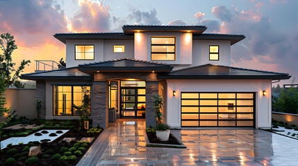 Wall Mural - Photo realistic modern home exterior at sunset showcasing the architectural beauty of homes for sale