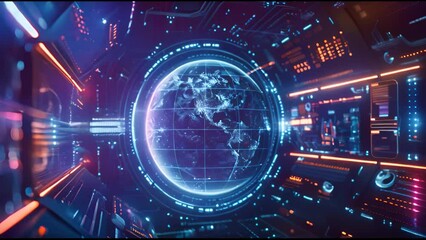 Aufkleber - An orbital global network 3D rendering motion graphic is presented in a futuristic VR head-up display with circle abstracts and big data analytics in digital GUI.