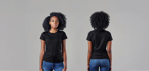 Two women are standing side by side, both wearing black t-shirts and blue jeans. The image is a close-up of their bodies. Scene is casual and relaxed. black woman t-shirt mock up front and back