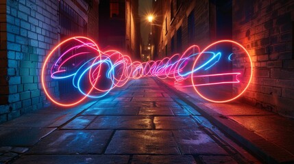Fototapete - Abstract night scene with glowing red and blue lines in a futuristic design