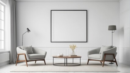 Wall Mural - living room design with frame, minimalist chairs, white wall