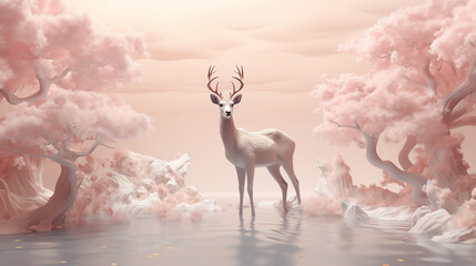 A beautiful and surreal landscape with a deer standing in a pink forest