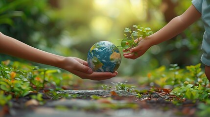 old senior hands giving earth globe to a young child as a symbol for environmental protection and care of the planet earth day environment concept elements of this image furnished .stock photo