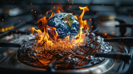 Wall Mural - earth globe of the planet boiling in hot water of a pan on the fire of a gas stove conceptual illustration of global warming temperature increase over heating of the world.stock photo