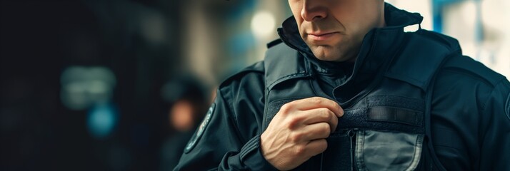 A cropped image of a police officer putting on or adjusting a bulletproof vest over the uniform