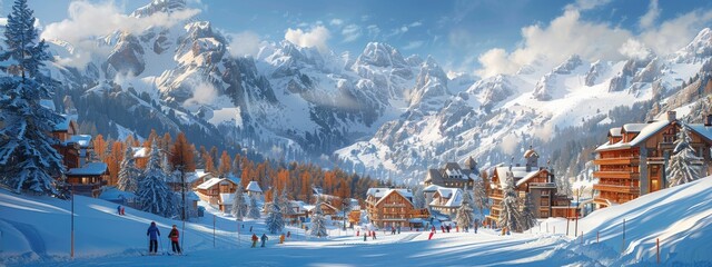 Wall Mural - A picturesque ski resort with skiers enjoying the slopes, snow-covered mountains, and a festive atmosphere.