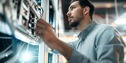 a focused technician services server hardware in a data center, reflecting technology and expertise 