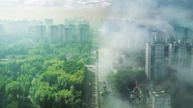 A polluted urban area with no trees and dirty air, and an urban area with green streets and clean air on the other side.
