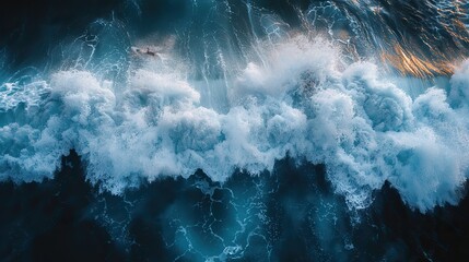 Wall Mural - An abstract banner captures the immense power and beauty of a towering blue ocean wave breaking, inviting surfer..illustration
