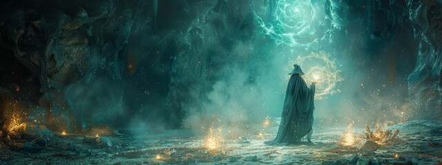 Wall Mural - A powerful sorcerer casting a spell in a dark, mysterious cave with glowing runes and magical artifacts.