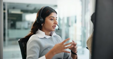 Poster - Consulting, sales and phone call for woman in callcenter with computer, advice or customer service. Headset, telemarketing and virtual assistant at help desk in support, lead generation or crm office