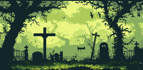 8-bit pixel art game scene of an old creepy graveyard with dead trees and a black sky