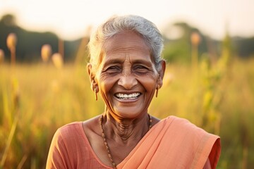 Wall Mural - Portrait of a grinning indian woman in her 60s smiling at the camera on solid color backdrop