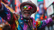 © Sophie  - Happy elderly gay black man at pride dancing against brick wall. Senior african american man in rainbow sequin suit & bowler hat celebrating lgbtq+ rights in times square NYC. Inclusion & diversity