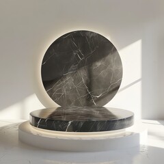 Poster - Minimalist podium with black marble circle on white background, illuminated by natural light, perfect for product display or showcase.