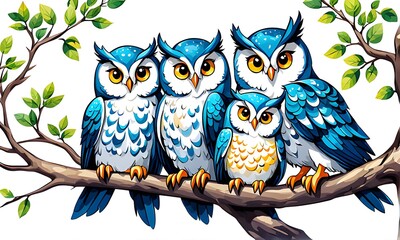 Wall Mural - Watercolor cartoon style clipart of a family of cute owl birds on a tree isolated white background. Generative AI