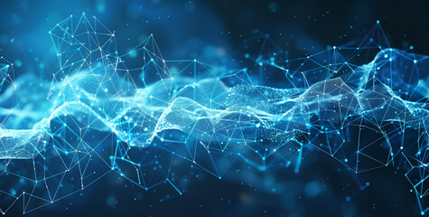 Wall Mural - Dynamic blue tech backdrop featuring digital waves, interconnected network systems, artificial neural pathways, cyber quantum computing, and electronic global intelligence