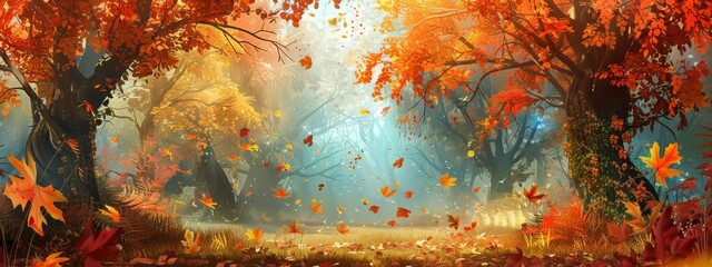 Wall Mural - A serene, autumn forest background with colorful foliage and fallen leaves.