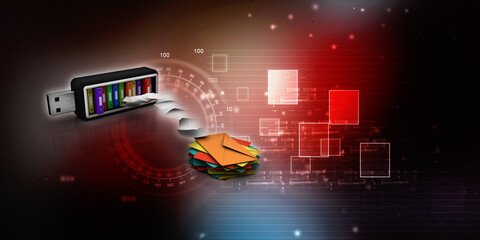 Poster - 3d rendering office document Binder with pen drive ear envelop
