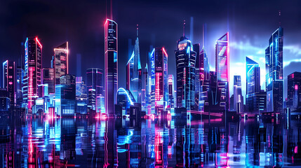 Wall Mural - Futuristic cityscape at night, illuminated by neon lights, showcasing advanced urban development and smart city technology