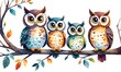 © NoblePix - Watercolor cartoon style clipart of a family of cute owl birds on a tree isolated white background. Generative AI