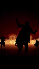 Wall Mural - vertical zombie fire silhouette 4k features silhouettes of walking zombies in a dark atmosphere with