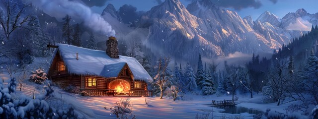 Wall Mural - A serene, mountain cabin background with a cozy fireplace and snow-covered roof.