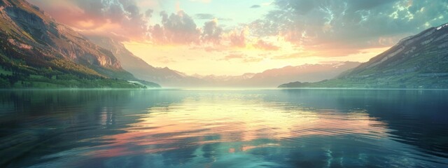 Wall Mural - A serene, mountain lake at sunset background with glowing skies and calm water.