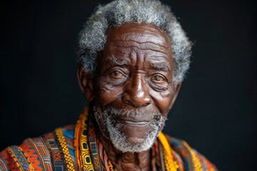 Older Afro-American man with grey hair and colorful shirt against blank black background for ads